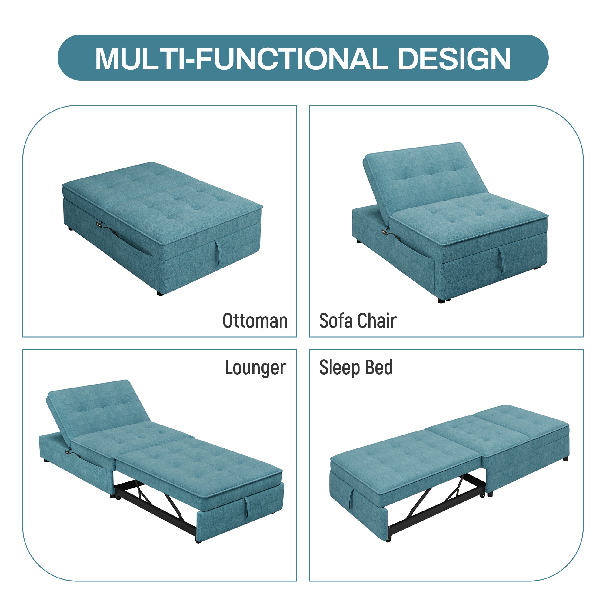 4 in 1 Sofa Bed, Chair Bed, Multi Function Folding teal-primary living space-linen