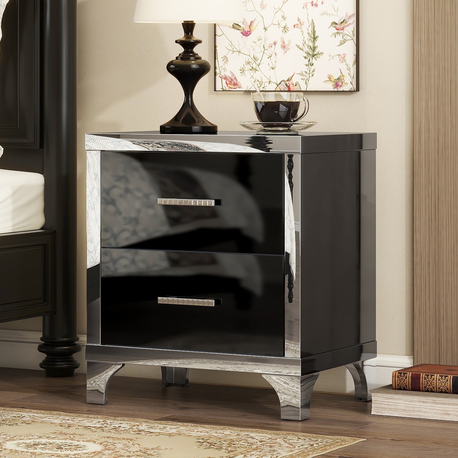 Elegant High Gloss Nightstand With Metal Handle,Mirrored Bedside Table With 2 Drawers For Bedroom,Living Room,Black Black Particle Board