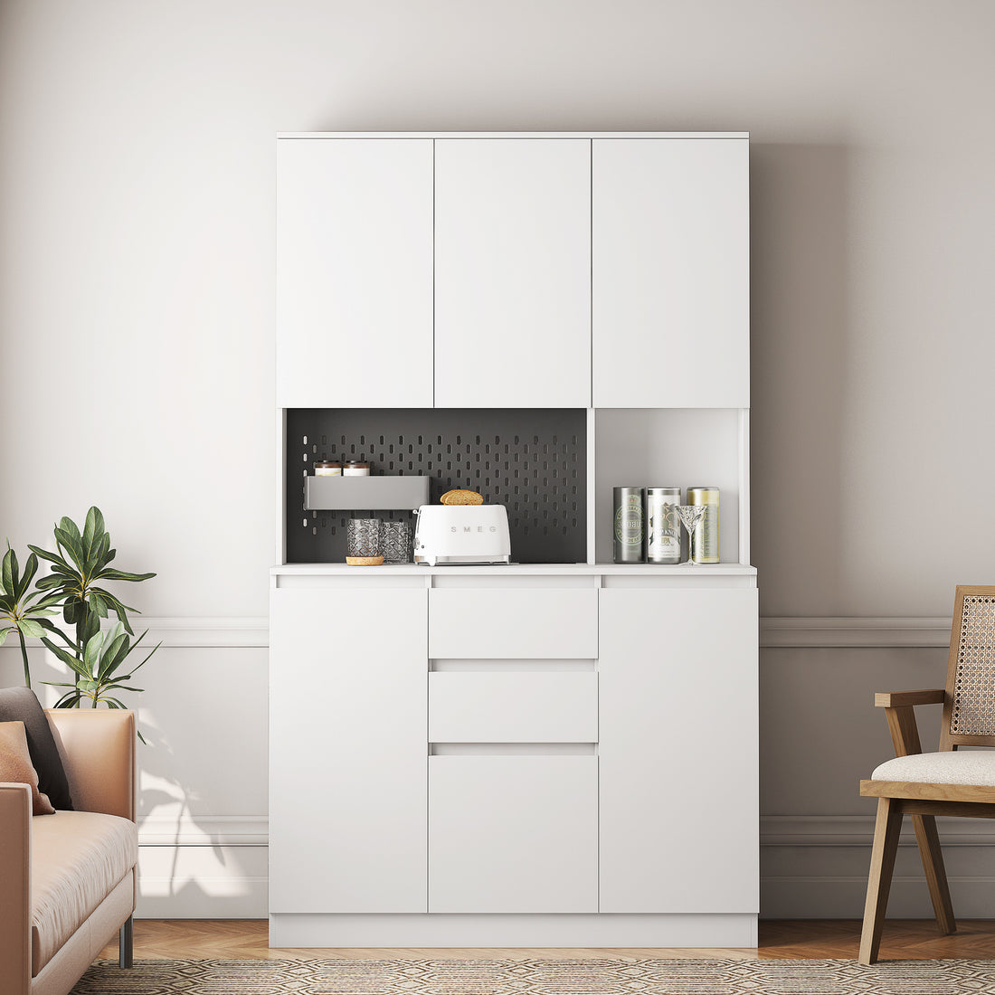 74" Kitchen Pantry Cabinet With Charging - White