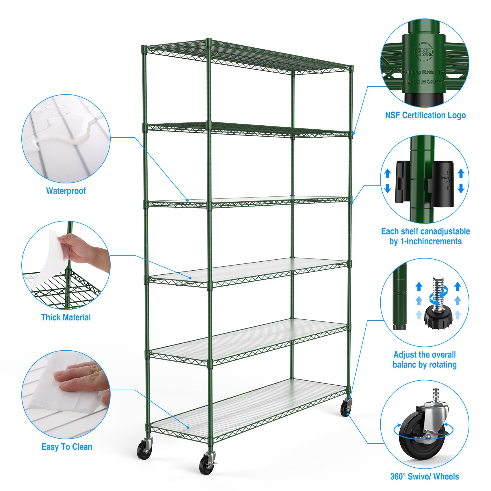 6 Tier Wire Shelving Unit, 6000 LBS NSF Height green-iron+plastic