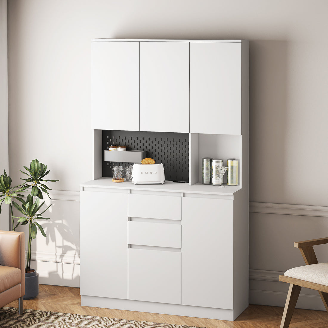 74" Kitchen Pantry Cabinet With Charging - White