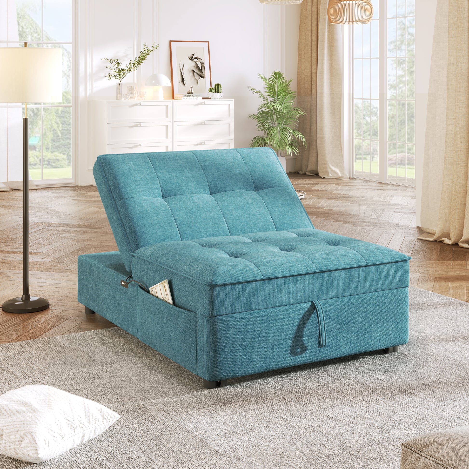 4 In 1 Sofa Bed, Chair Bed, Multi Function Folding Ottoman Bed With Storage Pocket And Usb Port For Small Room Apartment,Living Room,Bedroom,Hallway, Teal Teal Primary Living Space Linen