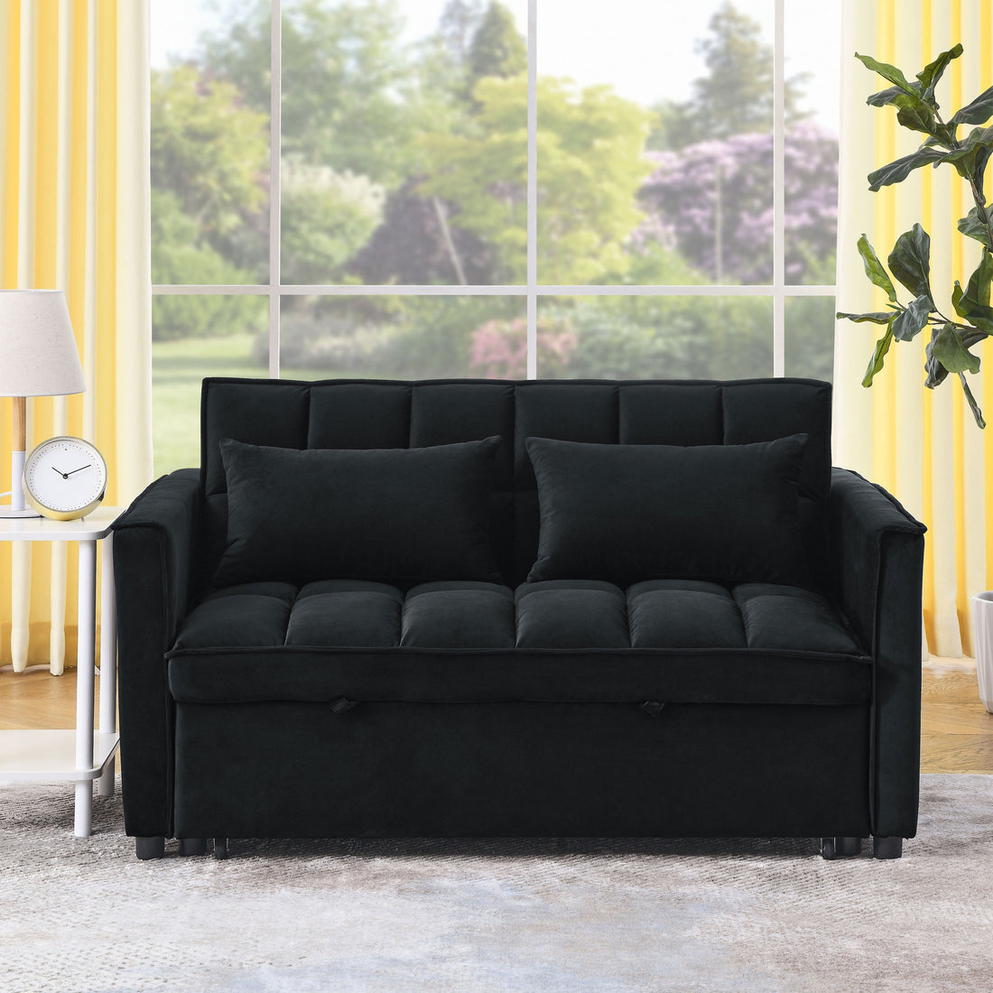 Sleeper Sofa, Convertible Sofa, Recliner, Bed, 3 In 1, 3 Position Adjustable Backrest, 2 Seater Sectional, Two Side Pockets, 2 Pillows For Living Room, Apartment, Etc., Velvet Black 54" Wide. Black Foam Velvet