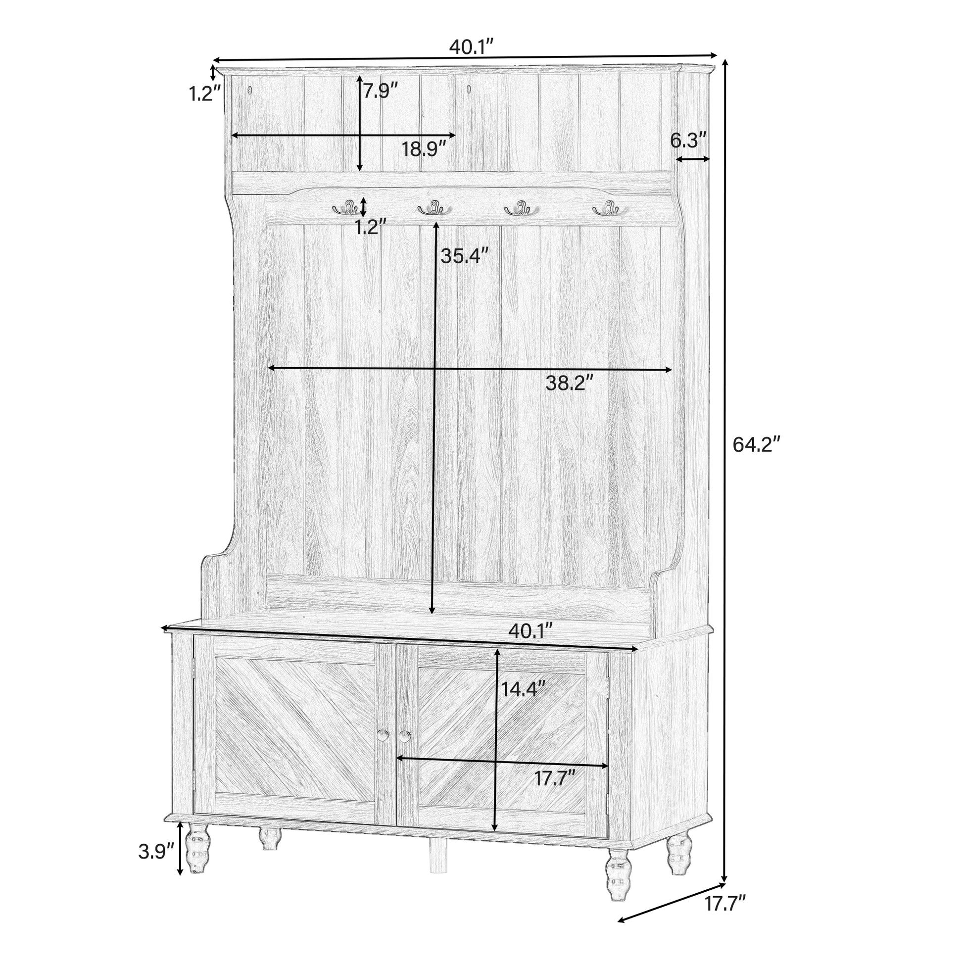 Hall Tree With 4 Hookscoat Hanger, Entryway Bench, Storage Bench, 3 In 1 Design, 40Inch, For Entrance, Hallway White White Particle Board