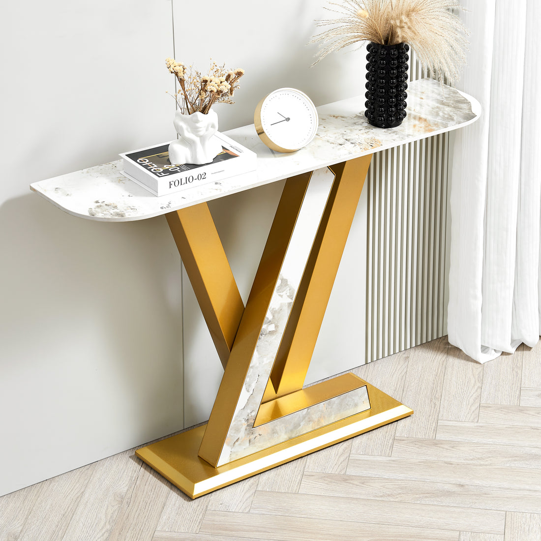 47.2"Modern Console Table, Exquisite Shape Design, Metal Frame With Adjustable Foot Pads For Entrance, Corridor, Living Room & Office. Gold Gold Metal & Wood Metal & Wood