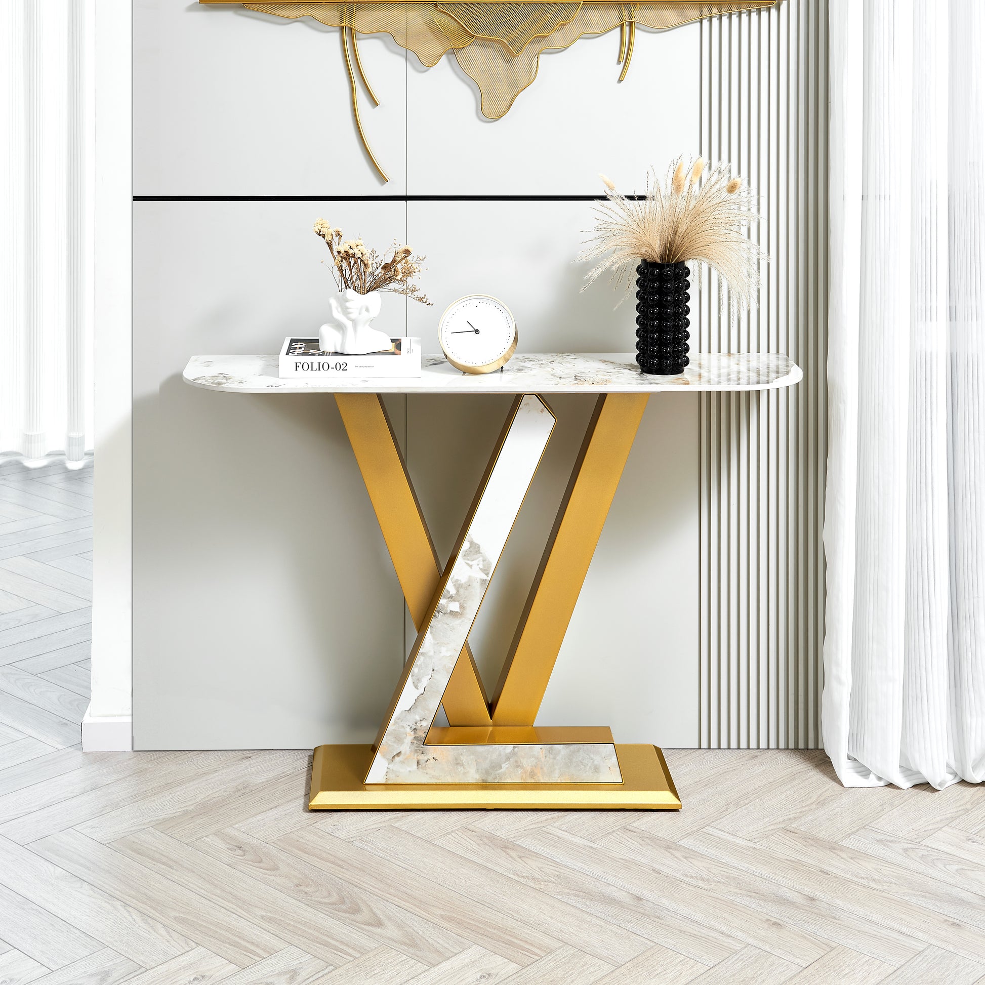 47.2"Modern Console Table, Exquisite Shape Design, Metal Frame With Adjustable Foot Pads For Entrance, Corridor, Living Room & Office. Gold Gold Metal & Wood Metal & Wood