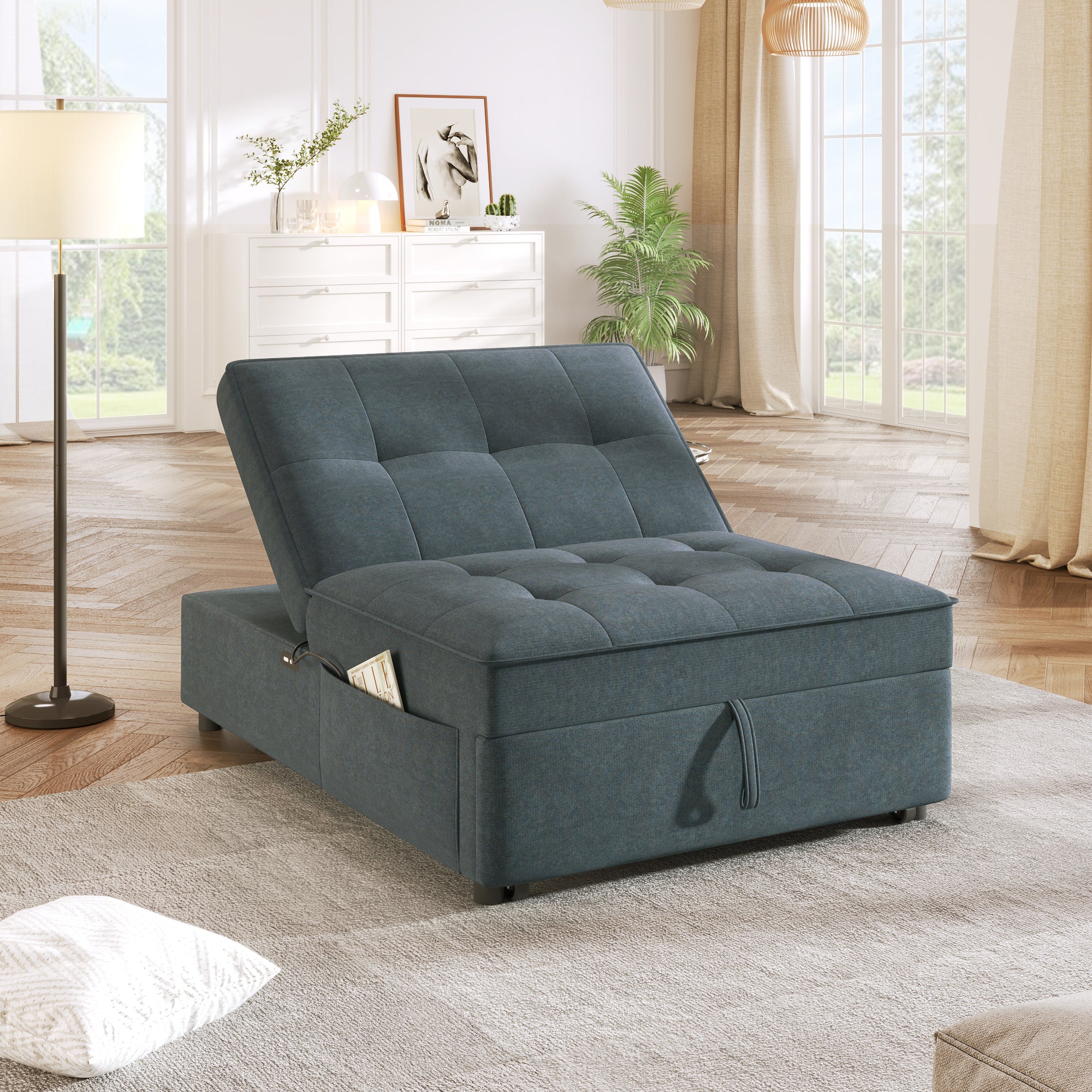 4 in 1 Sofa Bed, Chair Bed, Multi Function Folding dark blue-primary living space-linen