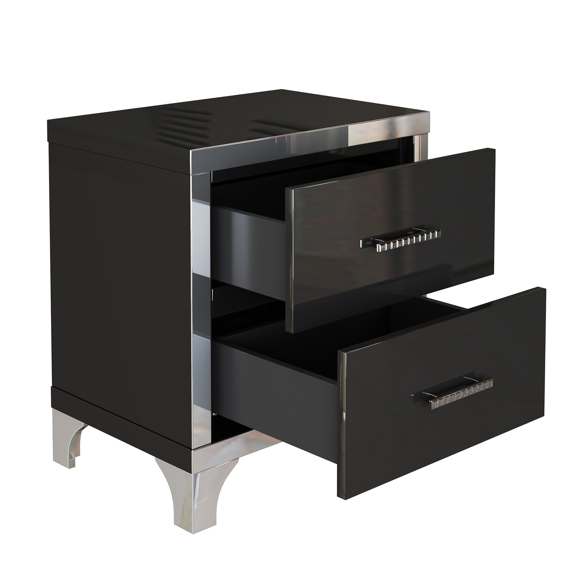 Elegant High Gloss Nightstand With Metal Handle,Mirrored Bedside Table With 2 Drawers For Bedroom,Living Room,Black Black Particle Board