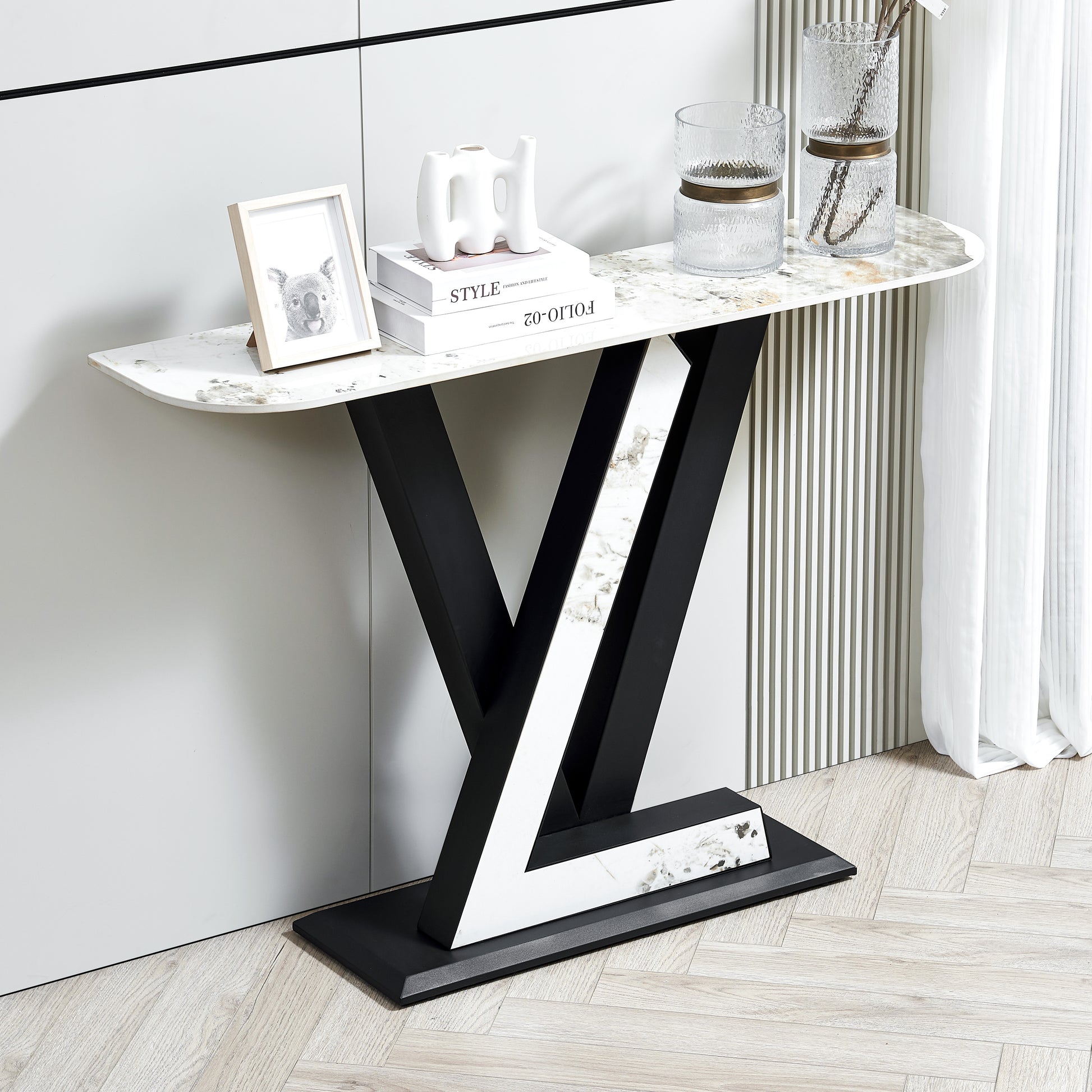 47.2"Modern Console Table, Exquisite Shape Design, Metal Frame With Adjustable Foot Pads For Entrance, Corridor, Living Room & Office. Black Black Metal & Wood Metal & Wood