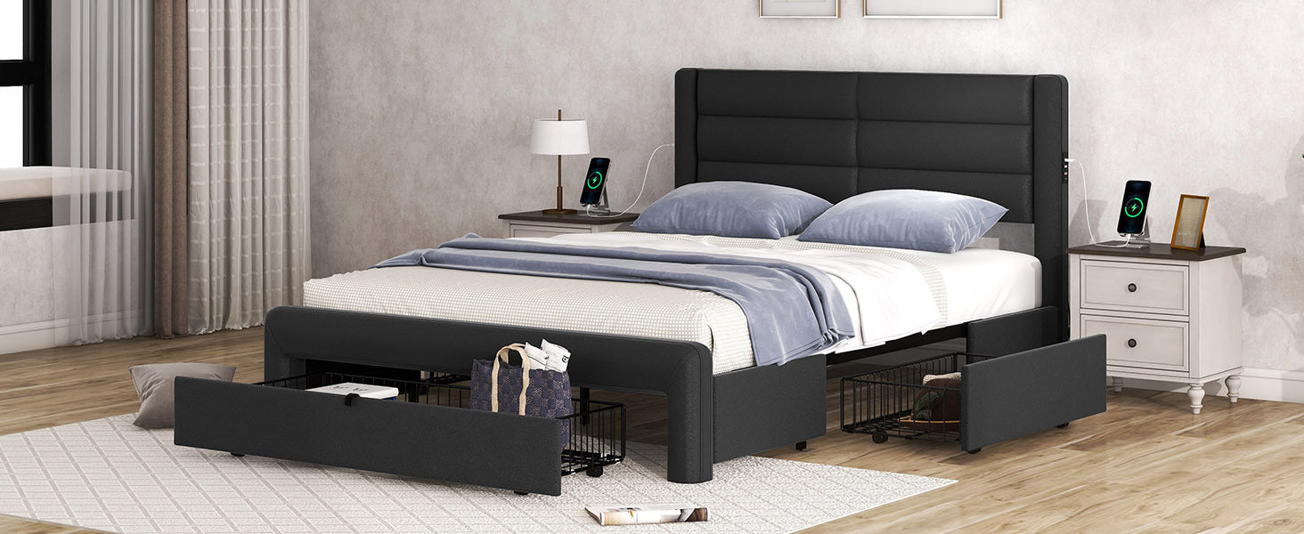 Queen Size Bed Frame with Drawers Storage, Leather queen-black-pu leather