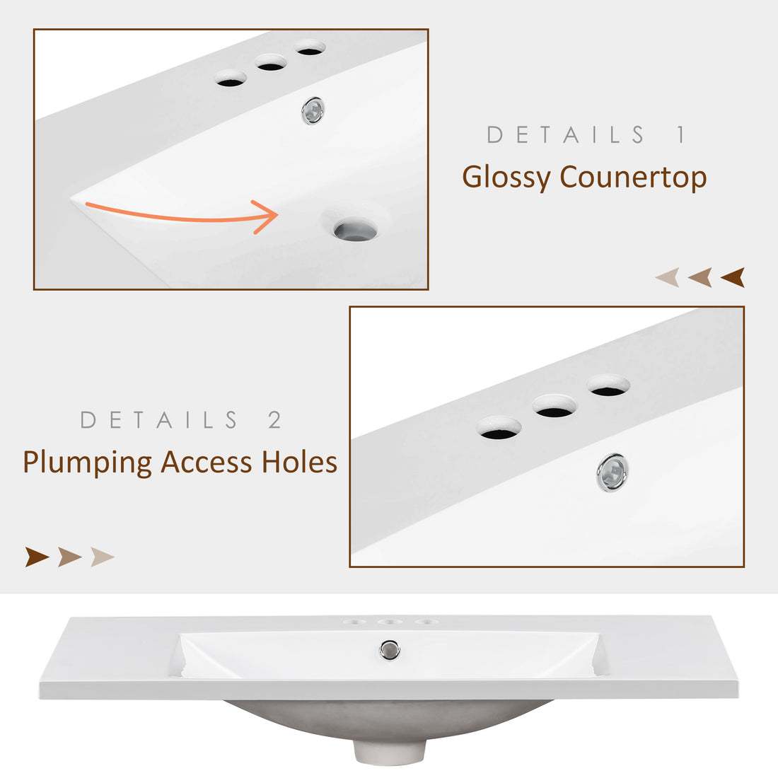 36" Single Bathroom Basin Sink, Vanity Top Only, 3 Faucet Holes, Resin White Resin