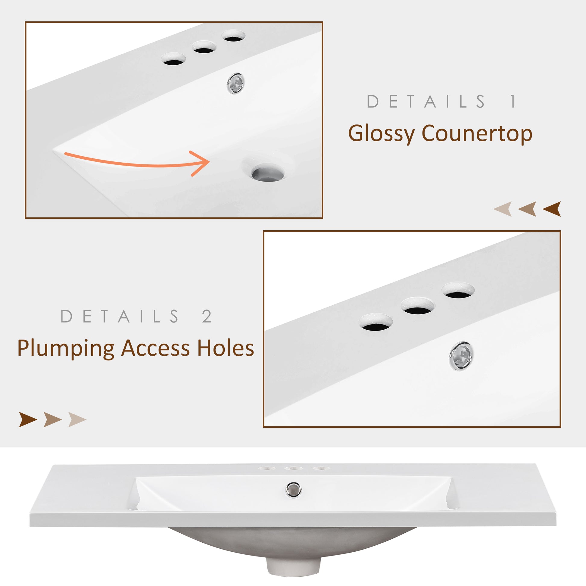 36" Single Bathroom Basin Sink, Vanity Top Only, 3 Faucet Holes, Resin Old Sku: Wf310598Aak White Bathroom Resin