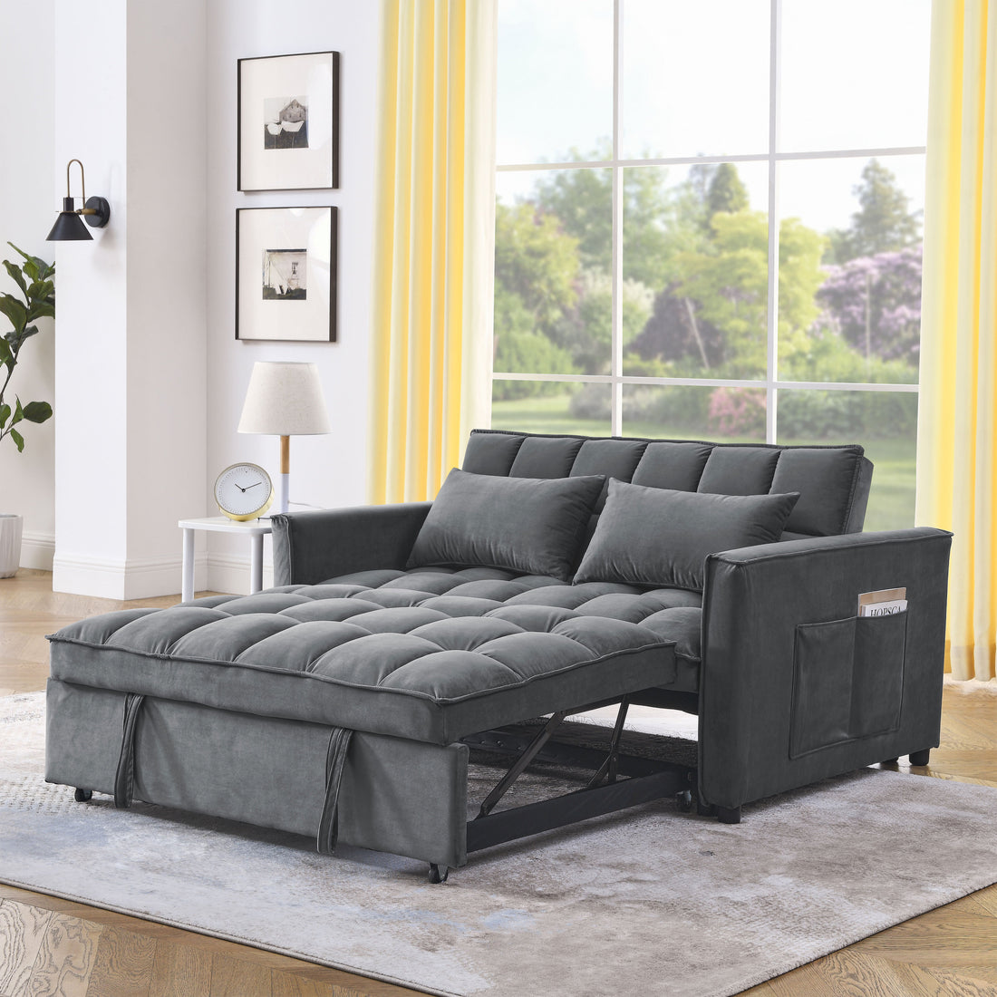 Sleeper Sofa, Convertible Sofa, Recliner, Bed, 3 In 1, 3 Position Adjustable Backrest, 2 Seater Sectional, Two Side Pockets, 2 Pillows For Living Room, Apartment, Etc., Velvet Beige 54" Wide. Grey Foam Velvet 2 Seat