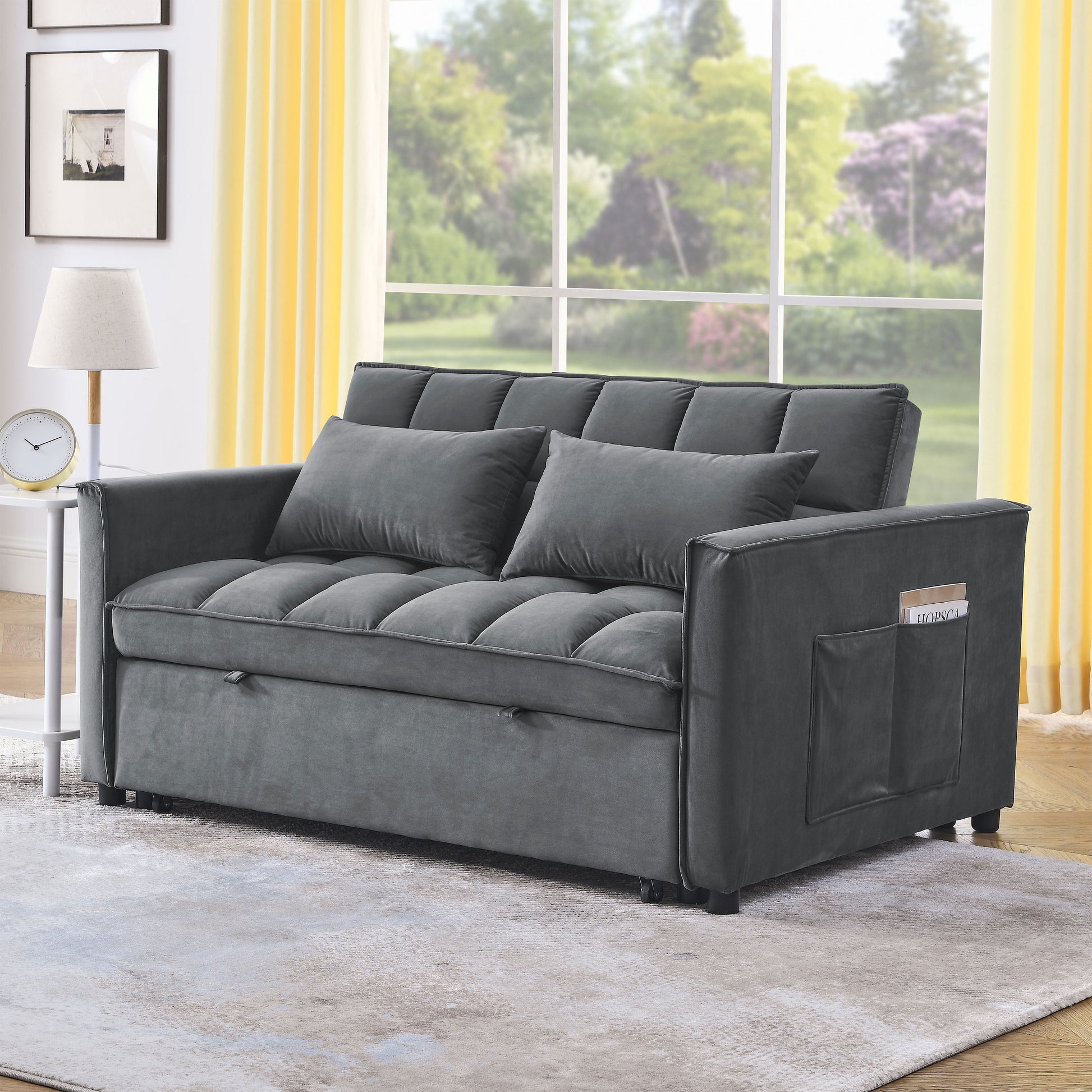 Sleeper Sofa, Convertible Sofa, Recliner, Bed, 3 In 1, 3 Position Adjustable Backrest, 2 Seater Sectional, Two Side Pockets, 2 Pillows For Living Room, Apartment, Etc., Velvet Beige 54" Wide. Grey Foam Velvet