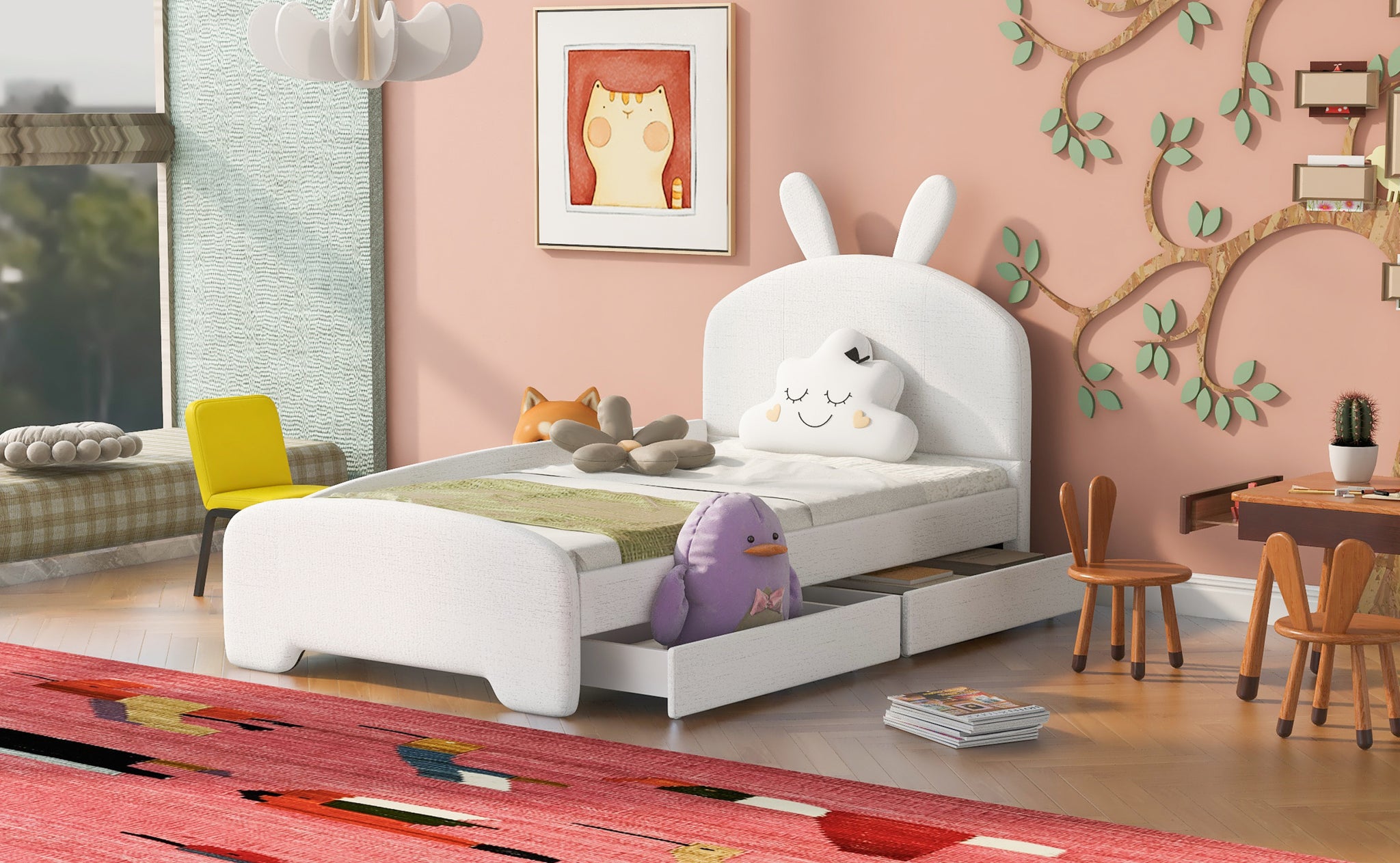 Twin Size Upholstered Platform Bed with Cartoon Ears box spring not