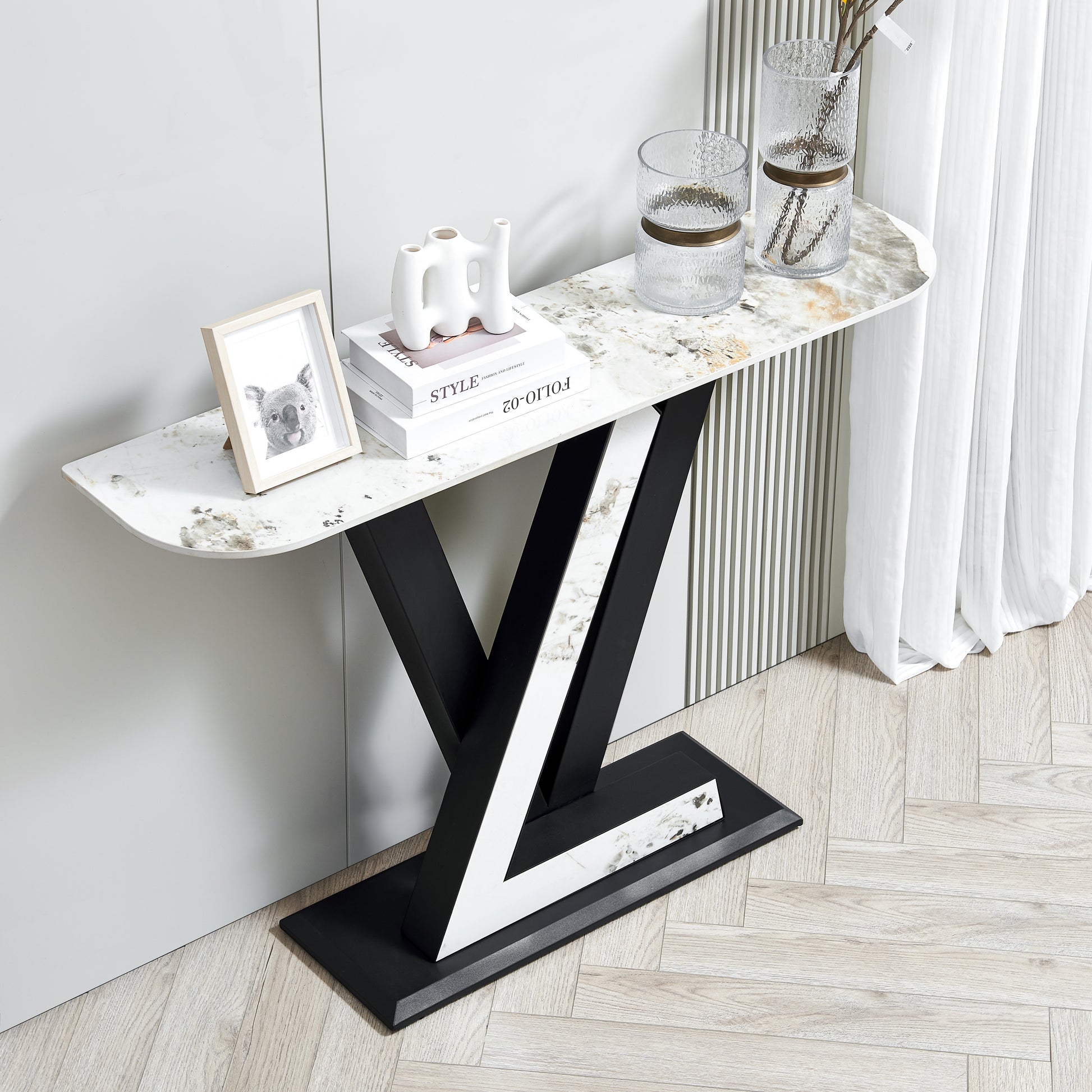 47.2"Modern Console Table, Exquisite Shape Design, Metal Frame With Adjustable Foot Pads For Entrance, Corridor, Living Room & Office. Black Black Metal & Wood Metal & Wood