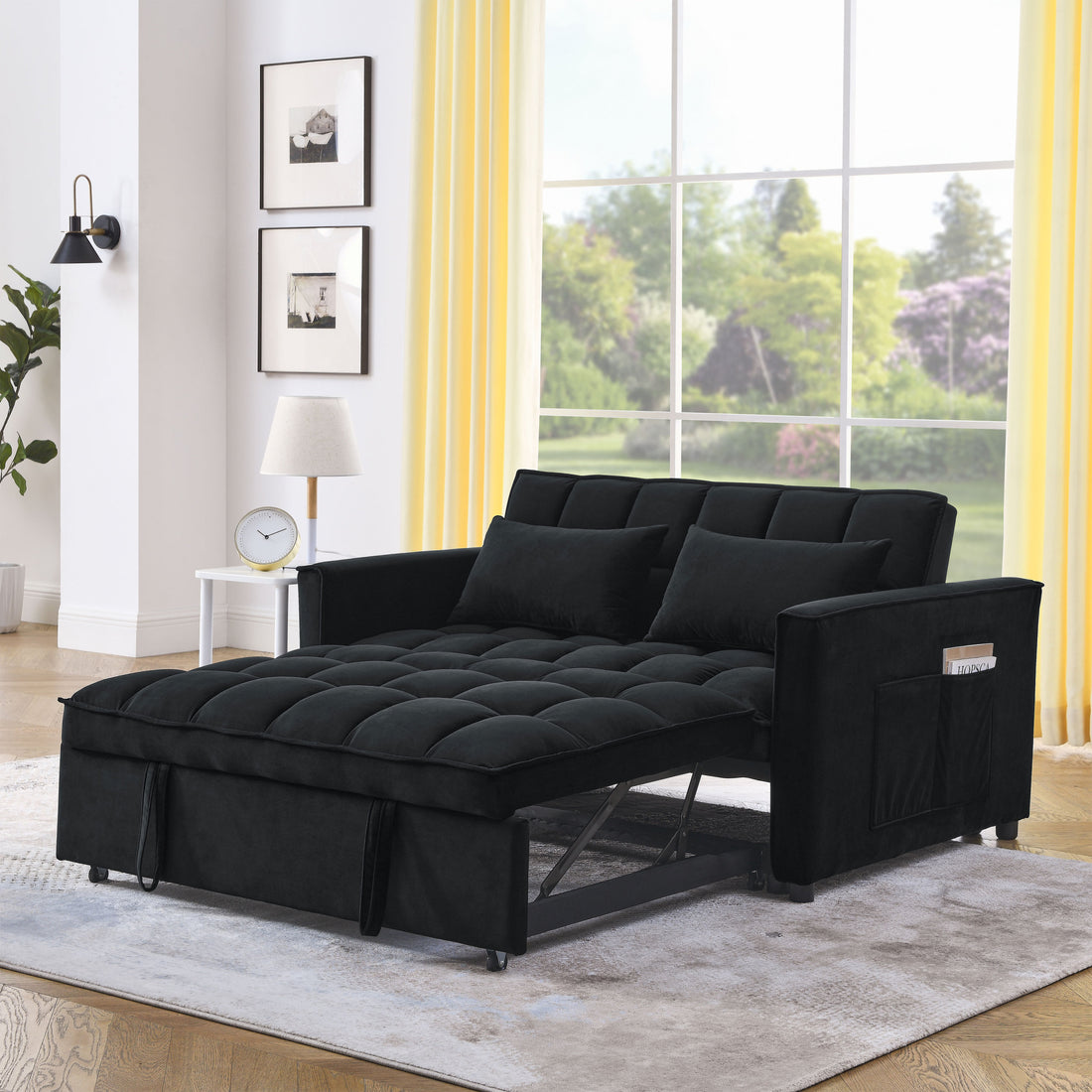 Sleeper Sofa, Convertible Sofa, Recliner, Bed, 3 In 1, 3 Position Adjustable Backrest, 2 Seater Sectional, Two Side Pockets, 2 Pillows For Living Room, Apartment, Etc., Velvet Black 54" Wide. Black Foam Velvet