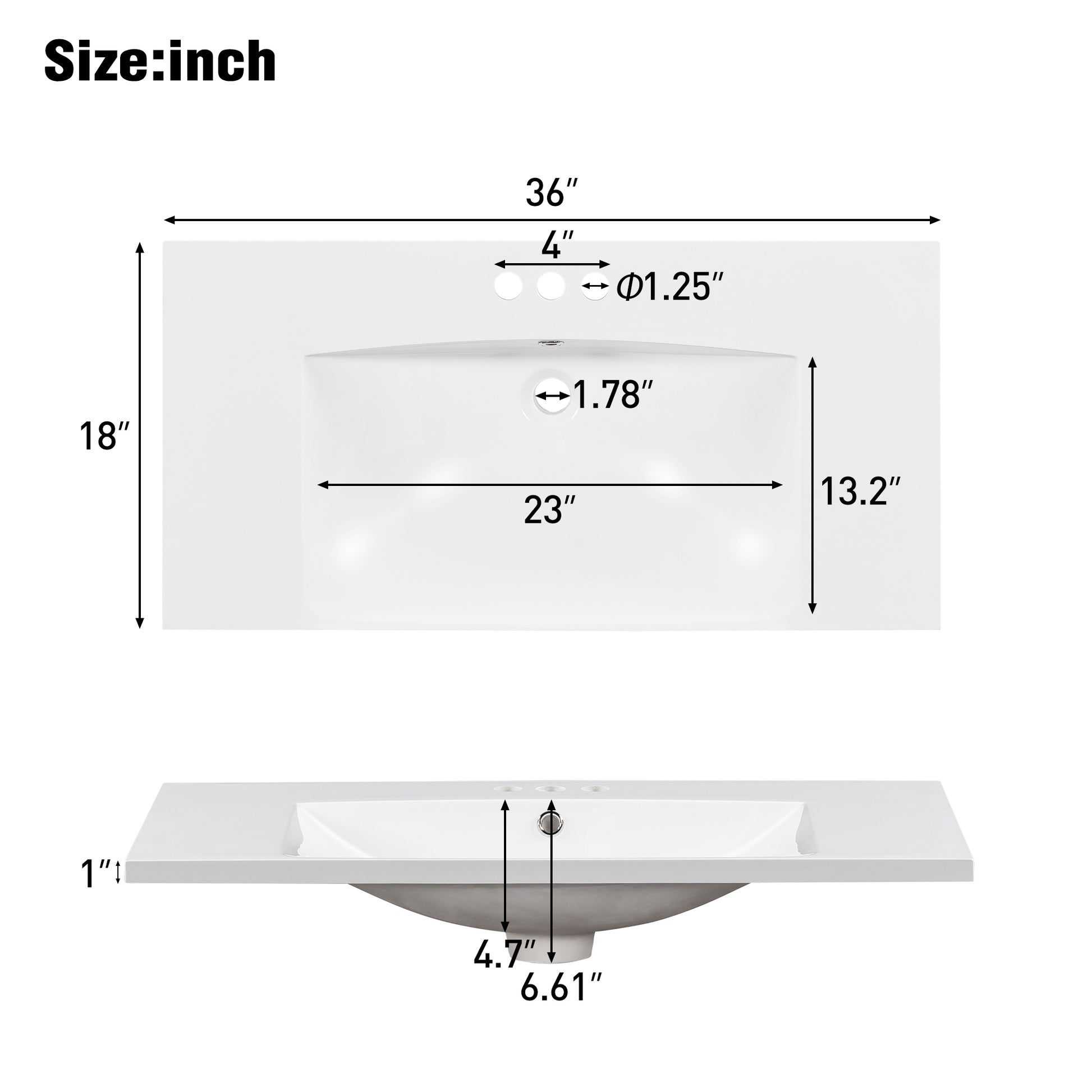 36" Single Bathroom Basin Sink, Vanity Top Only, 3 Faucet Holes, Resin Old Sku: Wf310598Aak White Bathroom Resin