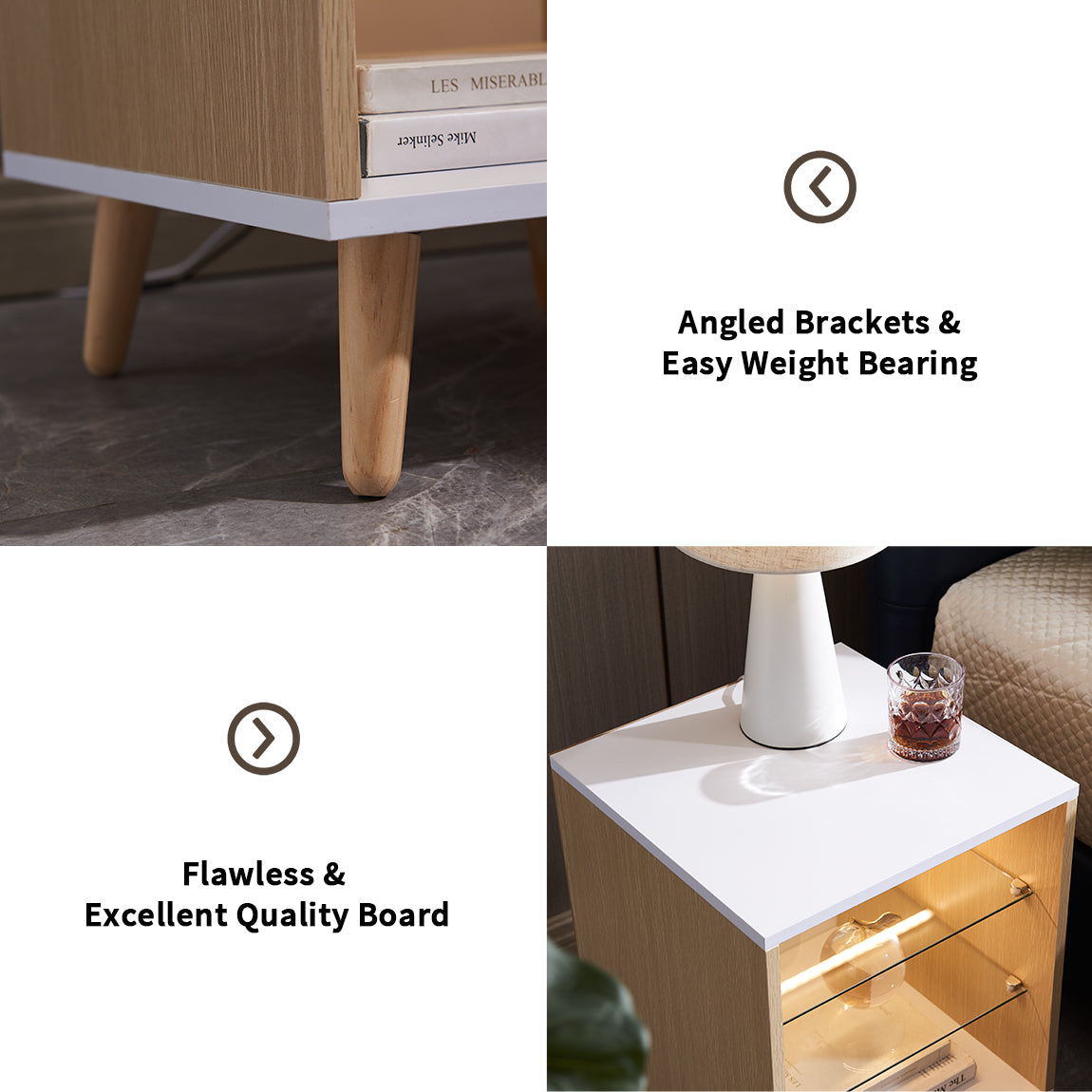 Led Nightstand With 2 Glass Shelves, Modern Bedside Table With 3 Color Led Lighting Adustable Brightness, Nightstand For Bedroom Living Room, Natural Wood White White Bedroom Open Storage American Design,American Traditional,Casual,Classic,French Shelf