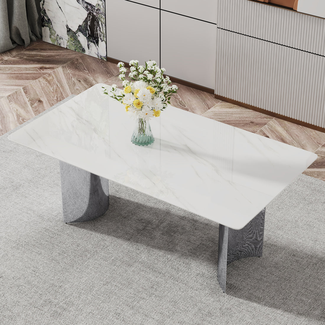 Modern Minimalist Dining Table. The White Imitation Marble Glass Desktop Is Equipped With Silver Metal Legs. Suitable For Restaurants And Living Rooms 71" *39.3" *29.5" Dt 69 White Glass