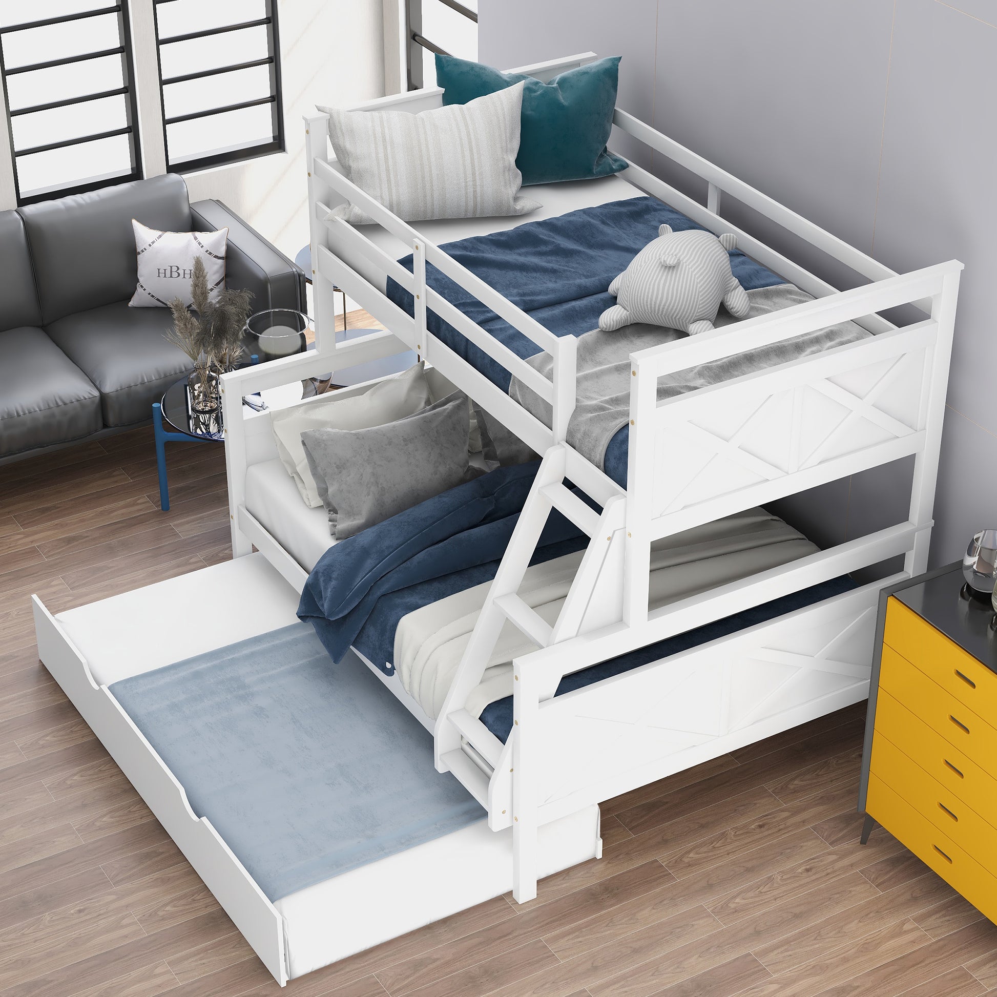 Twin Over Full Bunk Bed With Ladder, Twin Size Trundle, Safety Guardrail, White Old Sku: Sm000208Aae 1 Box Spring Not Required White Wood Bedroom Pine