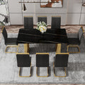 Modern Minimalist Dining Table. The Black Patterned Glass Desktop Is Equipped With Golden Metal Legs. Suitable For Restaurants And Living Rooms 71