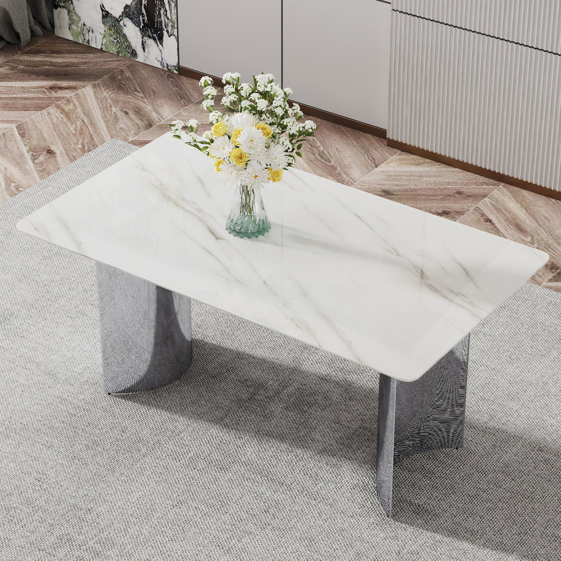 Modern Minimalist Dining Table. White Imitation Marble Glass Sticker Desktop, Stainless Steel Legs, Stable And Beautiful. Suitable For Living Room And Dining Room 63" *35.4" *29.5"Dt 69 White Glass