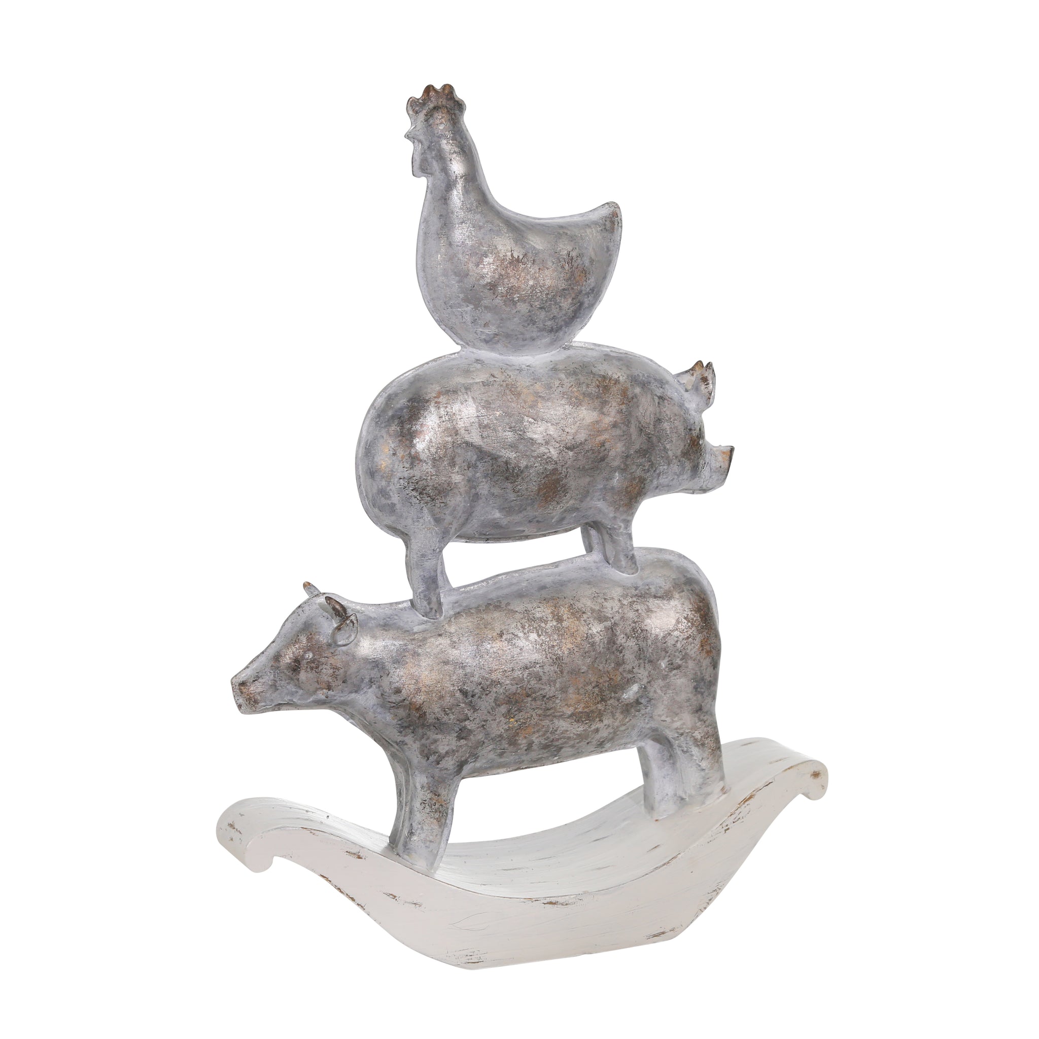 Decorative Polyresin Sculpture With Stacked Animals, White And Bronze White Polyresin