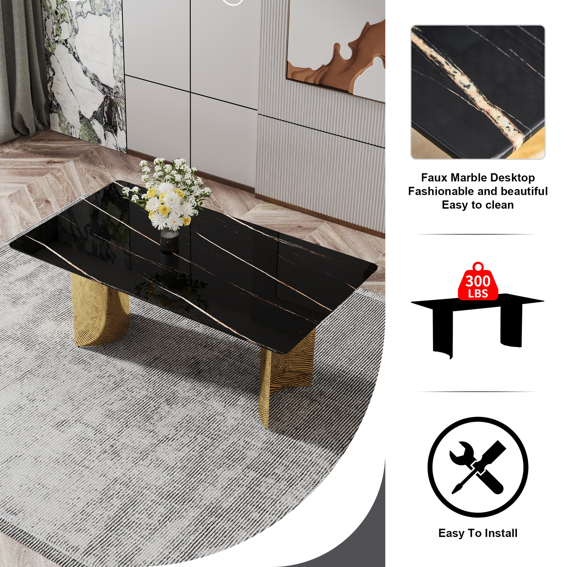 Modern Minimalist Dining Table. The Black Patterned Glass Desktop Is Equipped With Golden Metal Legs. Suitable For Restaurants And Living Rooms 71" *39.3" *29.5" Dt 69 Black Glass