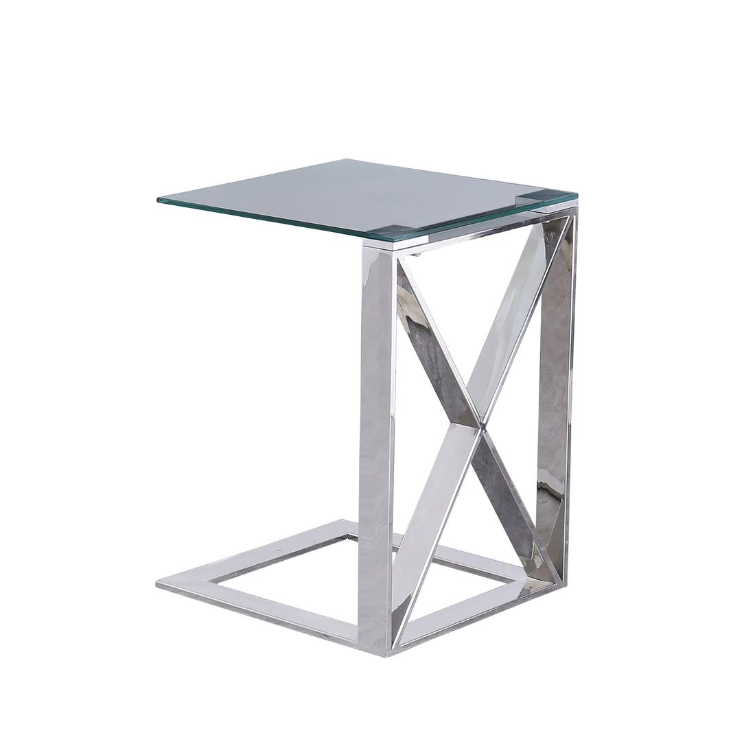 22 Inch Metal X Frame Glass Top Side Table, Silver Silver Metal