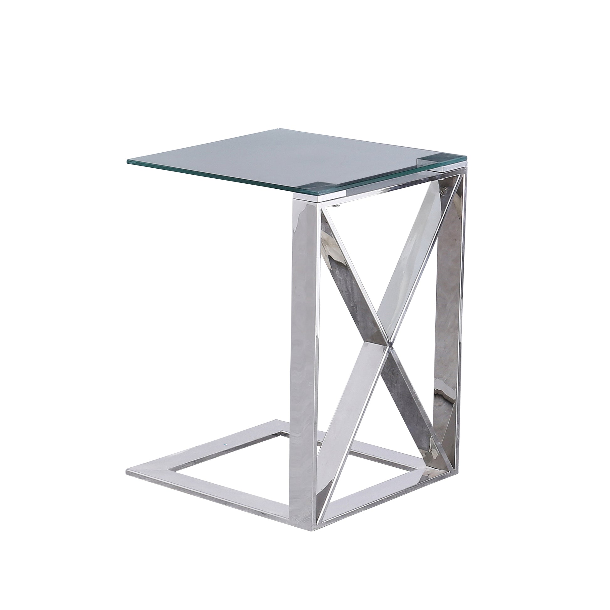 22 Inch Metal X Frame Glass Top Side Table, Silver Silver Metal
