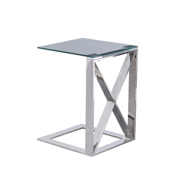 22 Inch Metal X Frame Glass Top Side Table, Silver Silver Metal