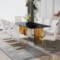 Modern Minimalist Dining Table. The Black Patterned Glass Desktop Is Equipped With Golden Metal Legs. Suitable For Restaurants And Living Rooms 71