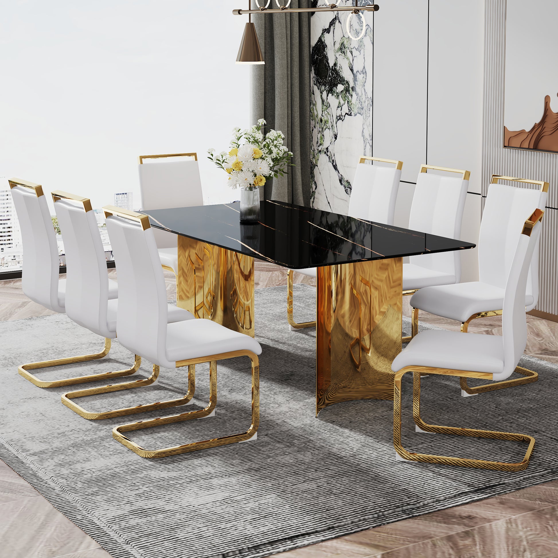 Modern Minimalist Dining Table. The Black Patterned Glass Desktop Is Equipped With Golden Metal Legs. Suitable For Restaurants And Living Rooms 71" *39.3" *29.5" Dt 69 Black Glass