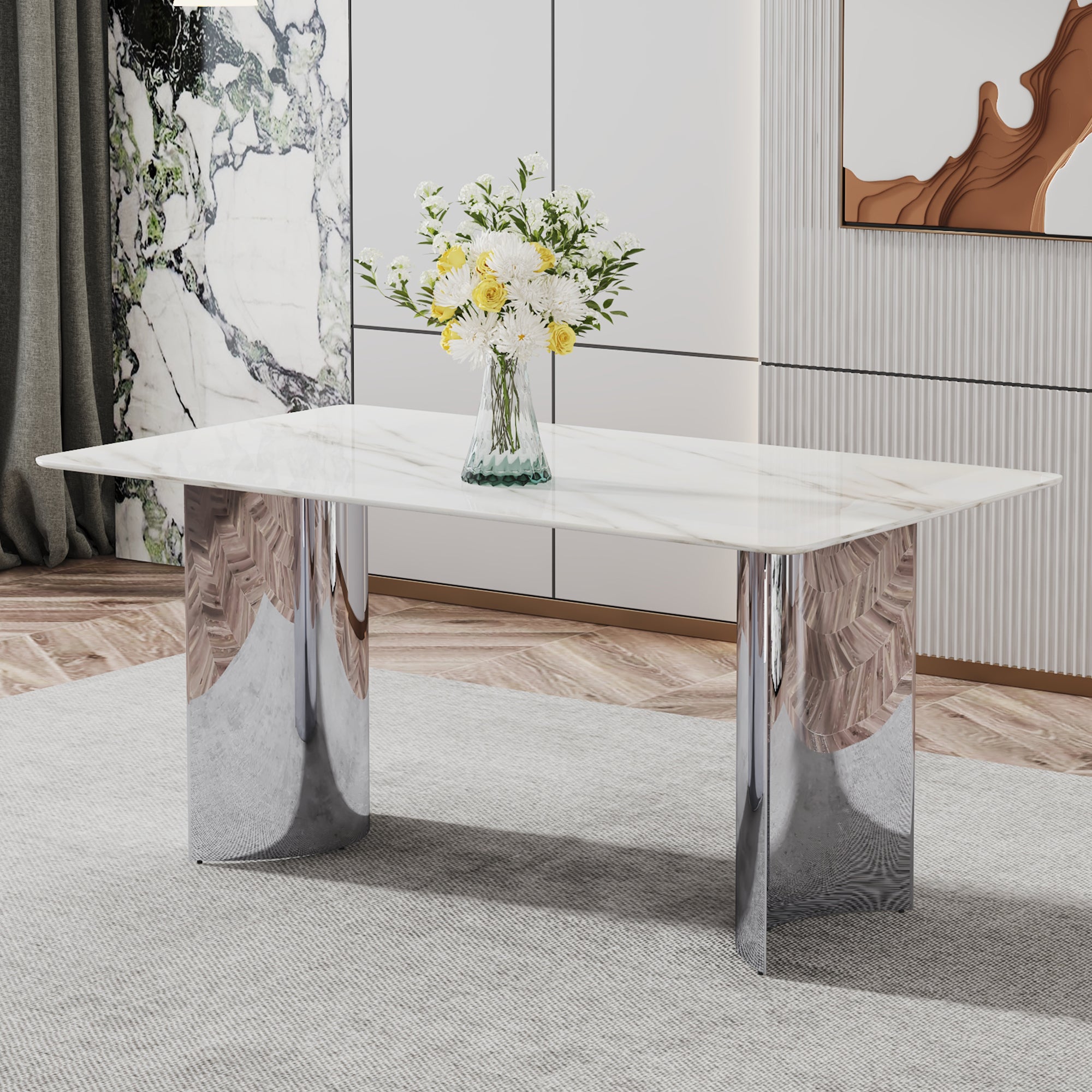 Modern Minimalist Dining Table. White Imitation Marble Glass Sticker Desktop, Stainless Steel Legs, Stable And Beautiful. Suitable For Living Room And Dining Room 63" *35.4" *29.5"Dt 69 White Glass