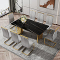 Modern Minimalist Dining Table. The Black Patterned Glass Desktop Is Equipped With Golden Metal Legs. Suitable For Restaurants And Living Rooms 71