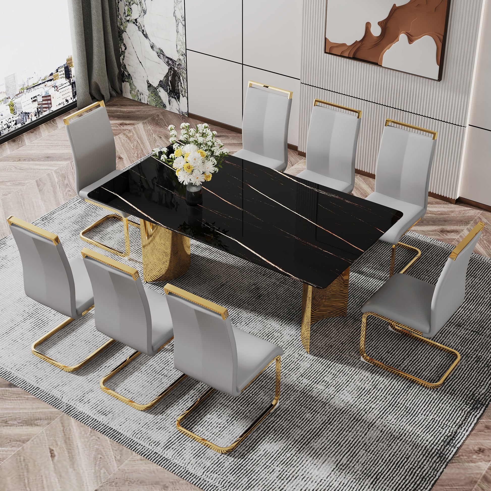 Modern Minimalist Dining Table. The Black Patterned Glass Desktop Is Equipped With Golden Metal Legs. Suitable For Restaurants And Living Rooms 71" *39.3" *29.5" Dt 69 Black Glass