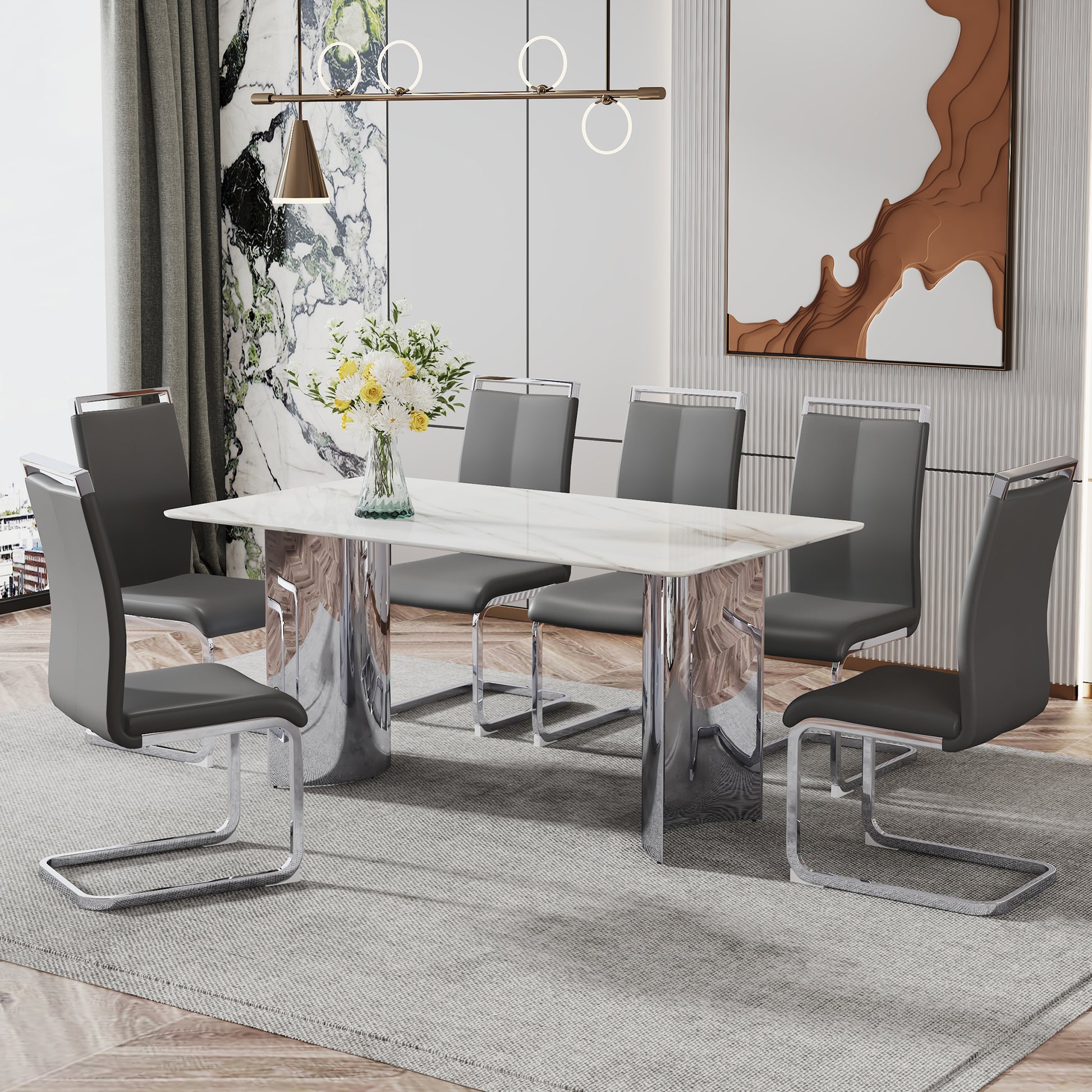 Modern Minimalist Dining Table. White Imitation Marble Glass Sticker Desktop, Stainless Steel Legs, Stable And Beautiful. Suitable For Living Room And Dining Room 63" *35.4" *29.5"Dt 69 White Glass