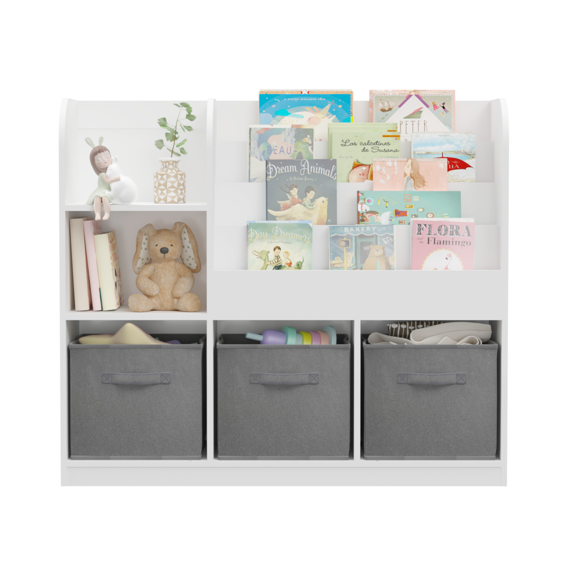 Kids Bookcase And Bookshelf, Multifunctional Bookcase With 3 Collapsible Fabric Drawers, Bookcase Display Stand, Toy Storage Organizer For Bedroom, Playroom, Hallway White Gray White Mdf