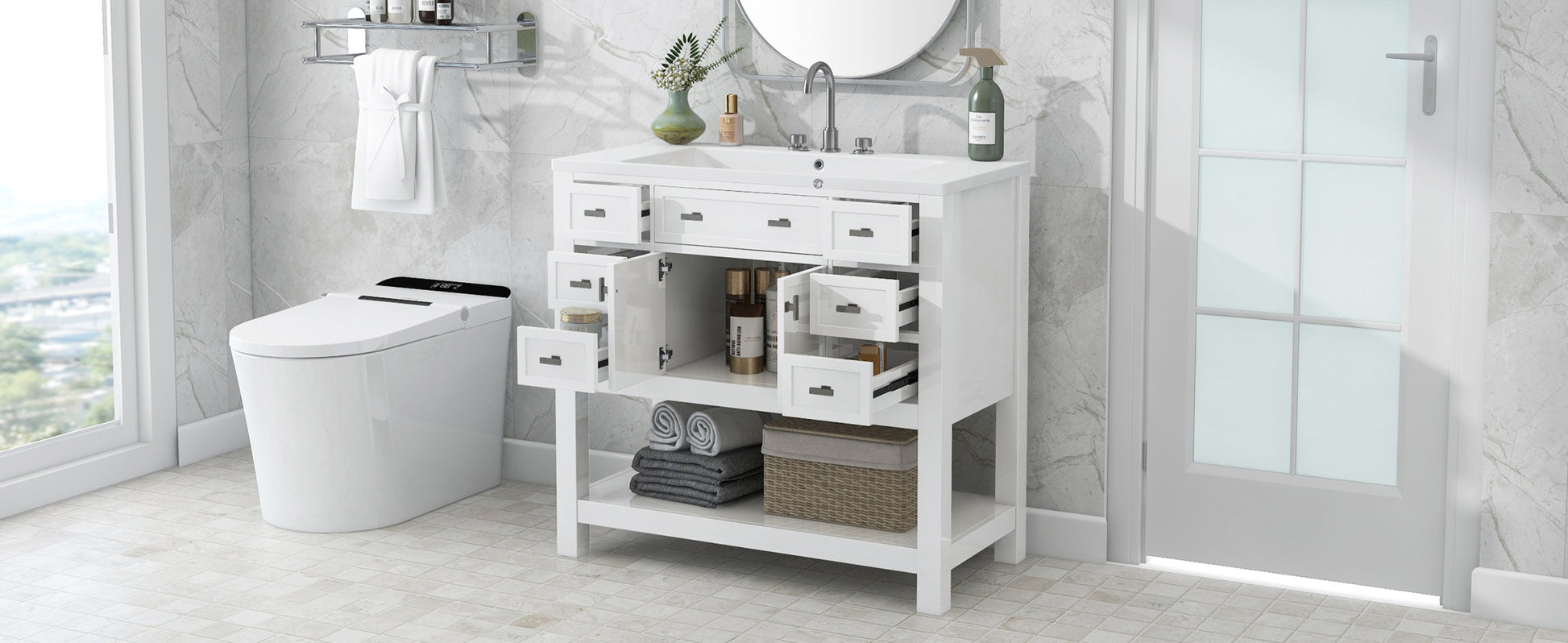 36'' Bathroom Vanity With Top Sink, Modern Bathroom Storage Cabinet With 2 Soft Closing Doors And 6 Drawers, Single Sink Bathroom Vanity 4 White 2 1 Soft Close Doors Freestanding Mdf Painted