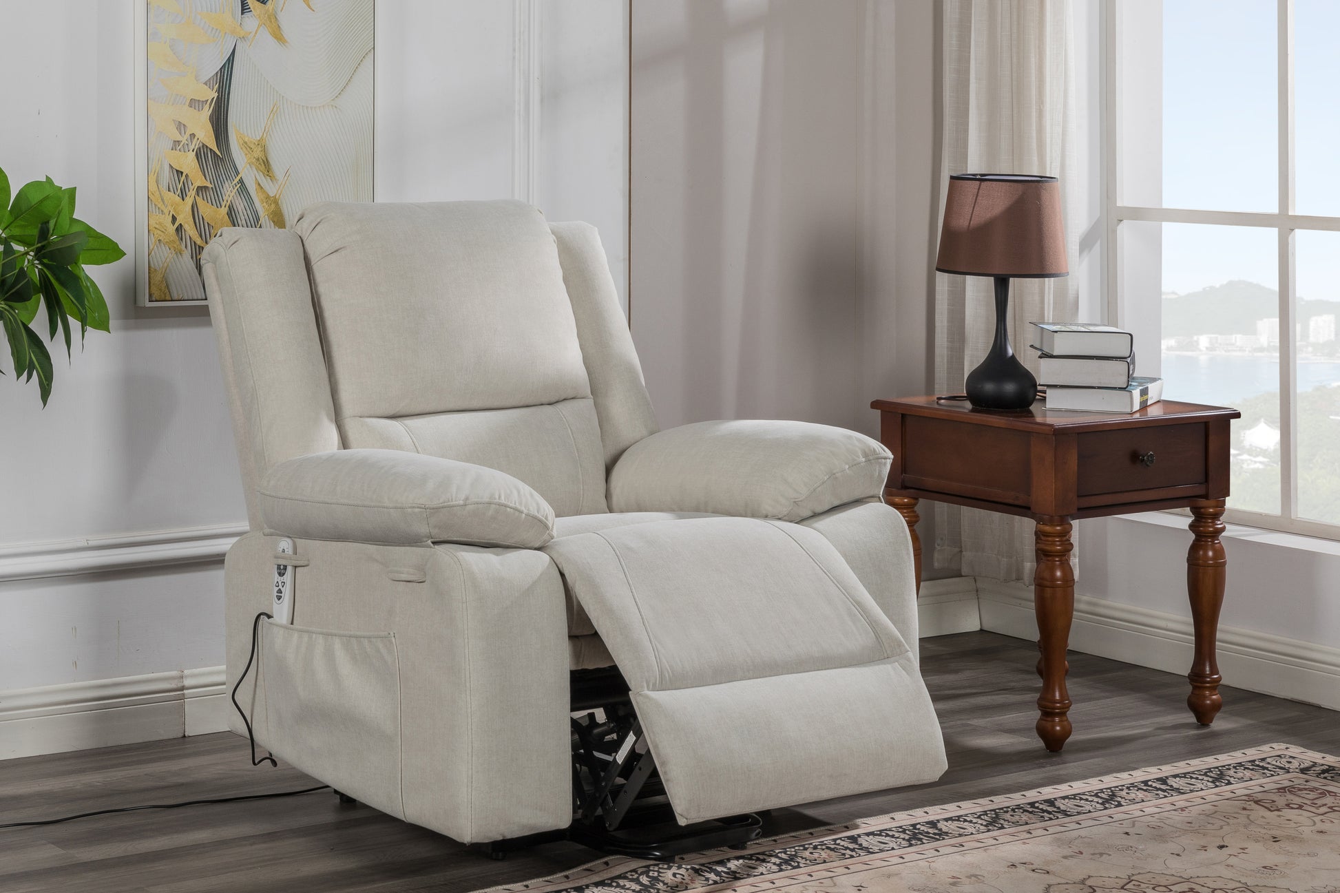 Electric Power Recliner Chair With Massage For Elderly ,Remote Control Multi Function Lifting, Timing, Cushion Heating Chair With Side Pocket Beige Beige Power Push Button Metal Primary Living Space Soft American Design Cat Scratch Fabric