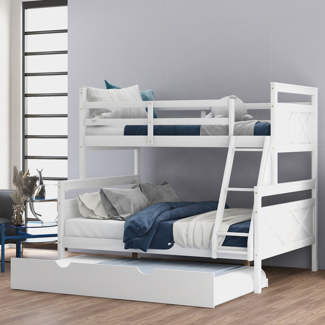 Twin Over Full Bunk Bed With Ladder, Twin Size Trundle, Safety Guardrail, White Old Sku: Sm000208Aae 1 Box Spring Not Required White Wood Bedroom Pine