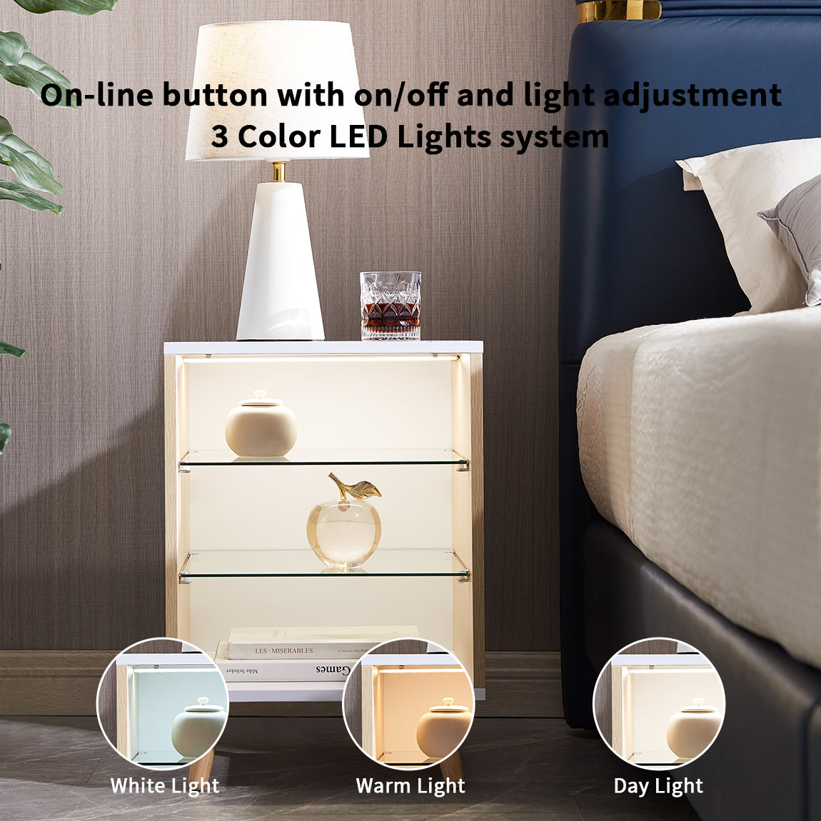 Led Nightstand With 2 Glass Shelves, Modern Bedside Table With 3 Color Led Lighting Adustable Brightness, Nightstand For Bedroom Living Room, Natural Wood White White Bedroom Open Storage American Design,American Traditional,Casual,Classic,French Shelf