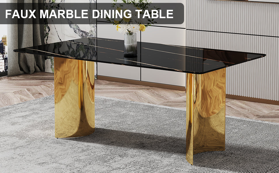 Modern Minimalist Dining Table. The Black Patterned Glass Desktop Is Equipped With Golden Metal Legs. Suitable For Restaurants And Living Rooms 71" *39.3" *29.5" Dt 69 Black Glass