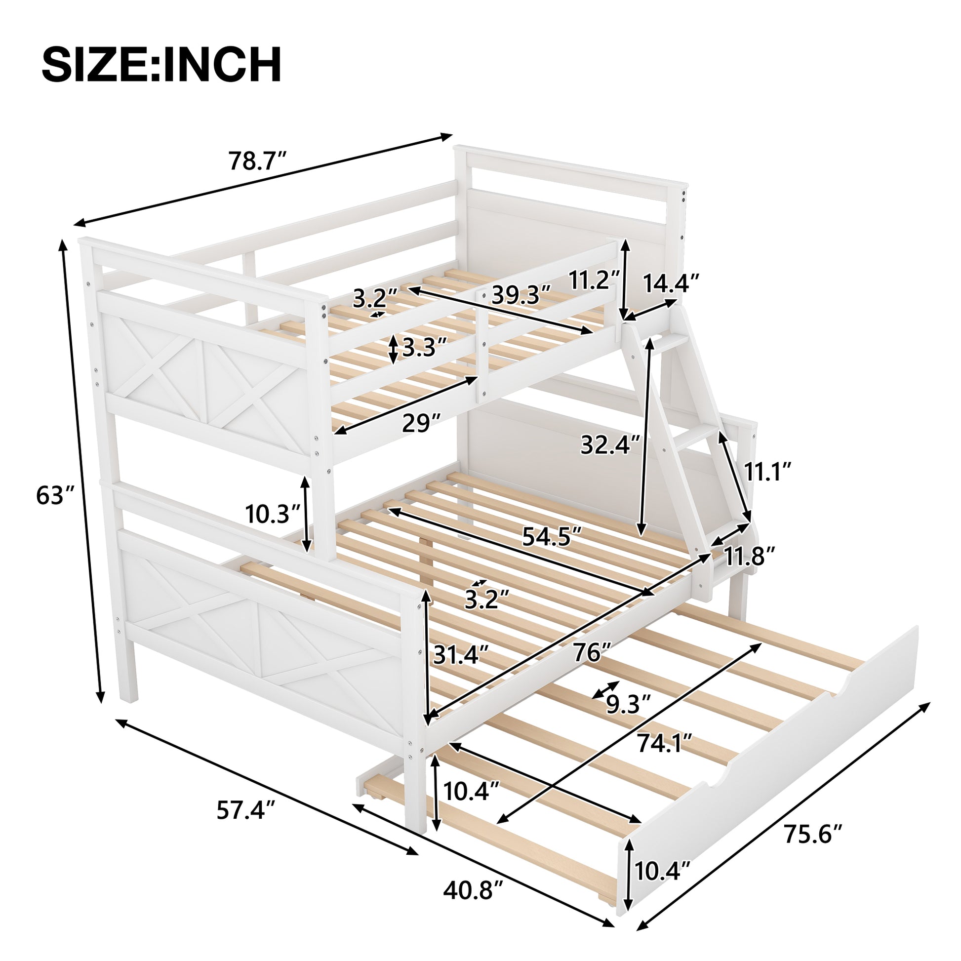 Twin Over Full Bunk Bed With Ladder, Twin Size Trundle, Safety Guardrail, White Old Sku: Sm000208Aae 1 Box Spring Not Required White Wood Bedroom Pine