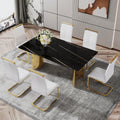 Modern Minimalist Dining Table. The Black Patterned Glass Desktop Is Equipped With Golden Metal Legs. Suitable For Restaurants And Living Rooms 71