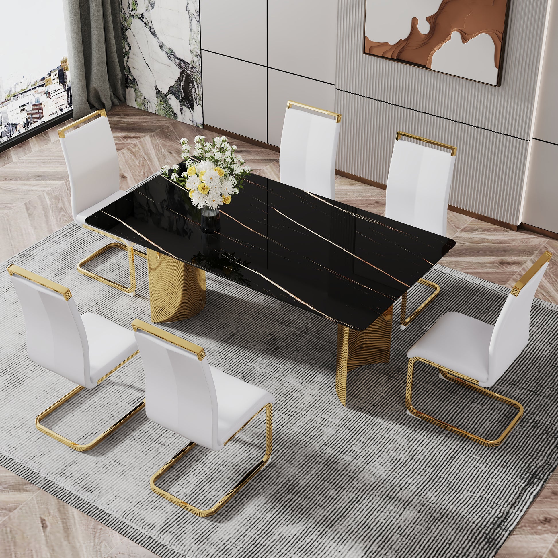 Modern Minimalist Dining Table. The Black Patterned Glass Desktop Is Equipped With Golden Metal Legs. Suitable For Restaurants And Living Rooms 71" *39.3" *29.5" Dt 69 Black Glass