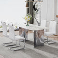 Modern Minimalist Dining Table. White Imitation Marble Glass Sticker Desktop, Stainless Steel Legs, Stable And Beautiful. Suitable For Living Room And Dining Room 63