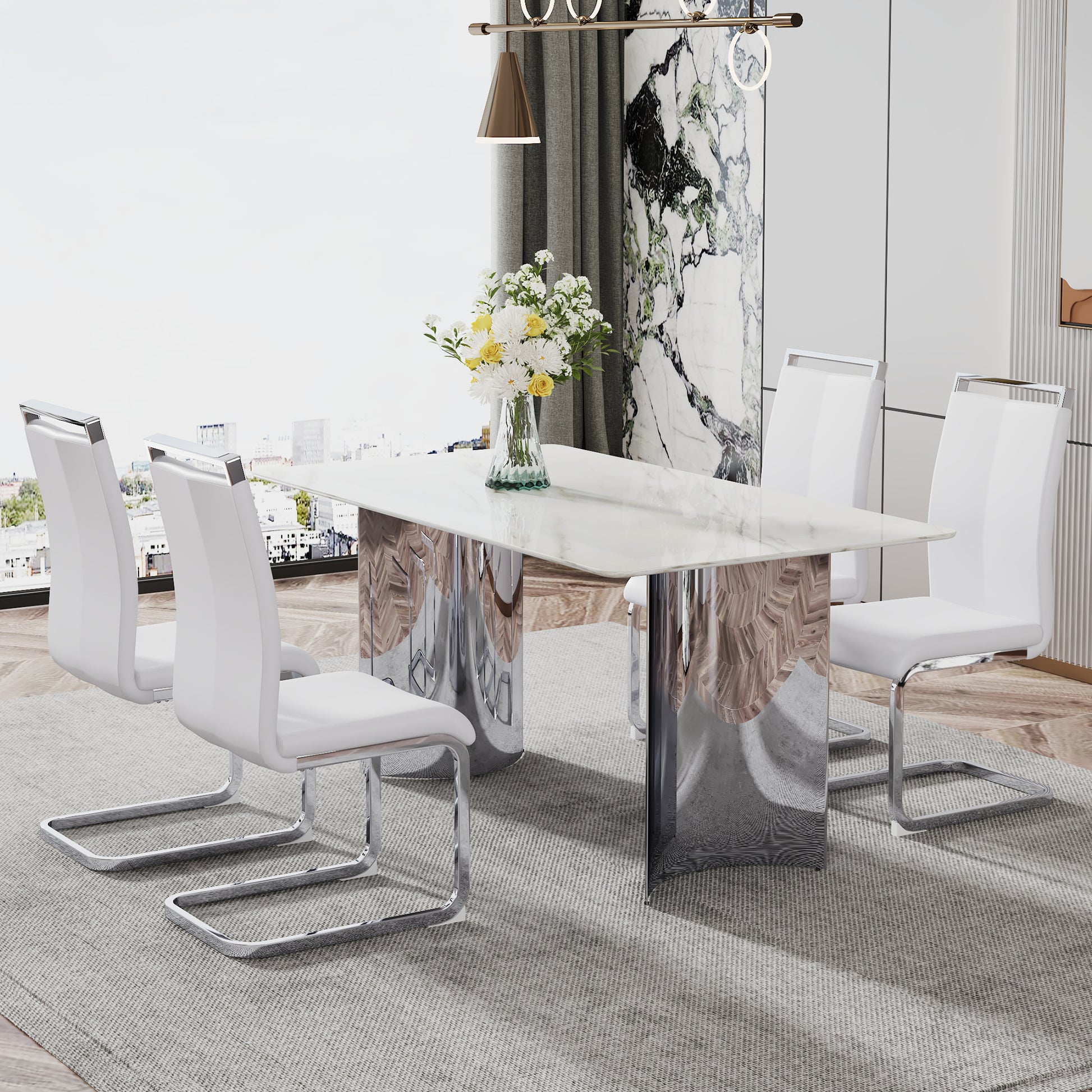 Modern Minimalist Dining Table. White Imitation Marble Glass Sticker Desktop, Stainless Steel Legs, Stable And Beautiful. Suitable For Living Room And Dining Room 63" *35.4" *29.5"Dt 69 White Glass