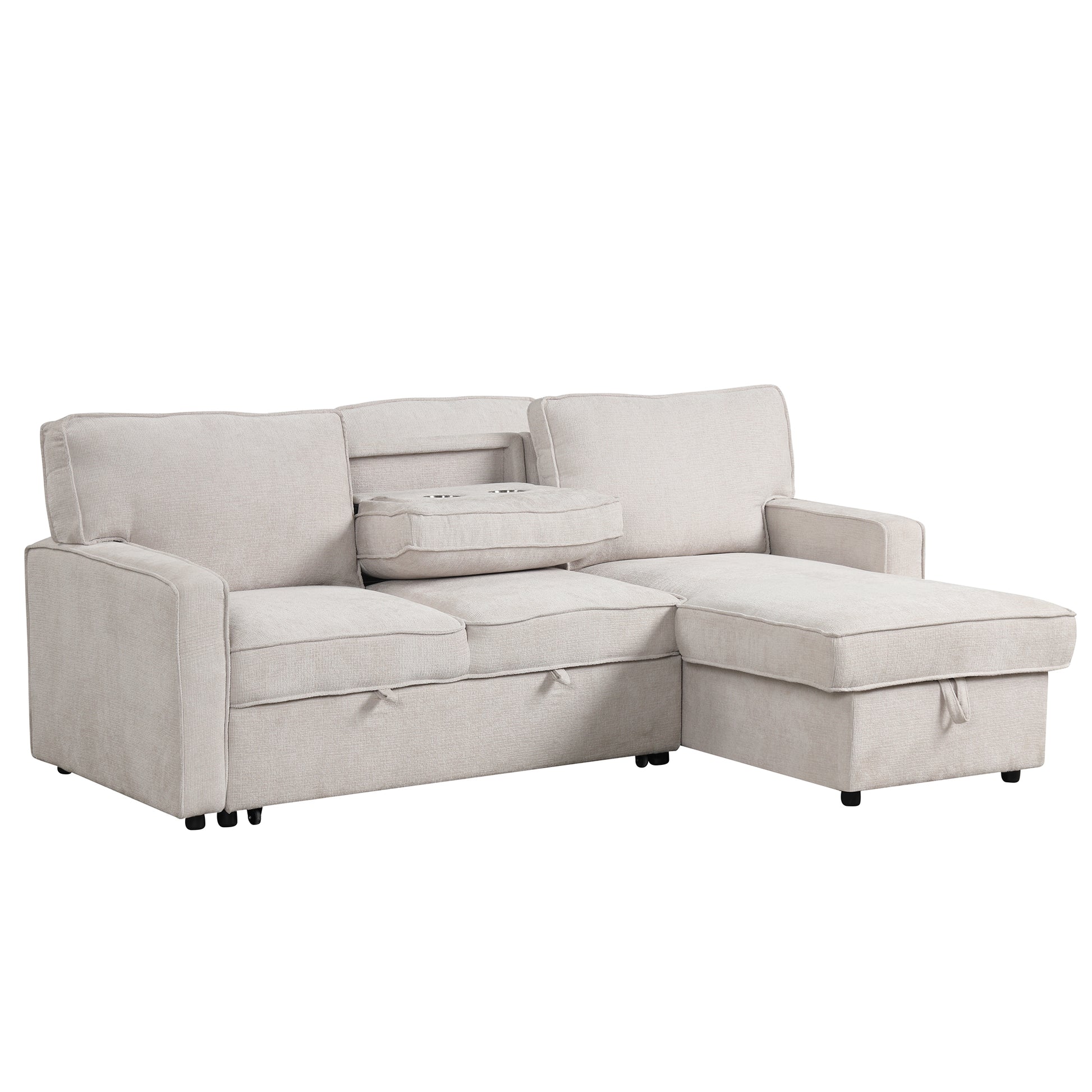 Upholstery Sleeper Sectional Sofa With Storage Space, Usb Port, 2 Cup Holders On Back Cushions Same Sku Wy000335Aaa Beige Wood Square Arms Polyester 3 Seat